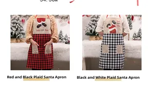 Close-up of children's Christmas aprons with red and white plaid pockets and Santa graphics
