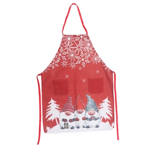 Christmas burlap apron with festive gnome prints and dual pockets for holiday cooking