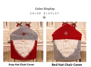 Detail of red and grey gnome chair covers with plush beards for Christmas table decor