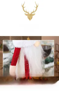 Detail of plush Christmas gnome wine bottle cover with red felt sleeves and faux fur beard
