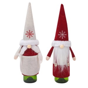 Christmas gnome wine bottle covers set in red and grey with snowflake embroidery