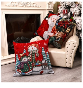 Detail of Christmas pillowcase showing jacquard weave texture with Santa Claus and Snowman