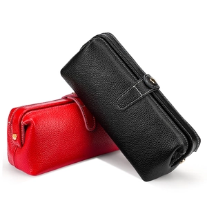 Litchi texture leather cosmetic bag in red and black colors with metal buckle closure