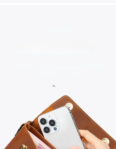 Detail view of brown crazy horse leather waist bag showing multi-compartment interior space