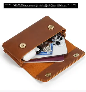 Macro detail of crazy horse leather waist bag showing multi-card slots and phone storage