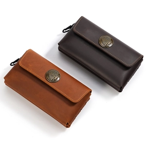 Crazy horse leather waist bag for two phones with vintage metal Indian head emblem