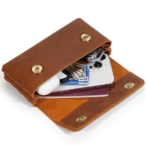 Brown crazy horse leather waist bag with double phone pockets and magnetic buckles