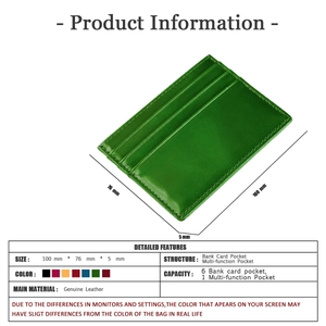 Detailed view of slim green genuine leather card holder dimensions 100x76x5mm with 6 slots