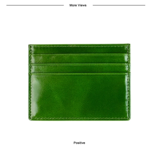 Detail shot of emerald green oil wax leather card holder with precise stitching