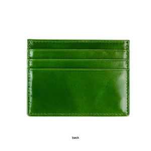 Rear view of slim dark green oil wax leather card holder with three neat card slots