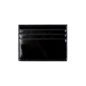 Close-up of black oil wax leather card holder with three slots and precise stitching