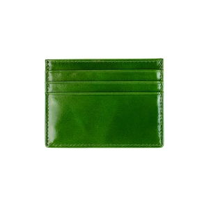 Macro view of bright green oil wax leather card holder with three card slots and stitching