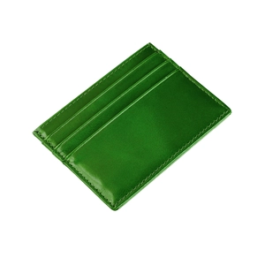 Slim green oil wax leather card holder with multi-slot design on white background