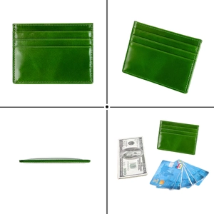 Slim oil wax leather card holder in emerald green showing multiple slots and money pocket