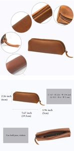 Detailed close-up of retro crazy horse leather pencil case with zipper and size dimensions