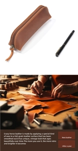 Detail of vintage crazy horse leather pencil case with high-quality brass zipper and puller
