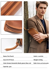 Detail view of handmade cowhide pen pouch showing leather texture and zipper hardware
