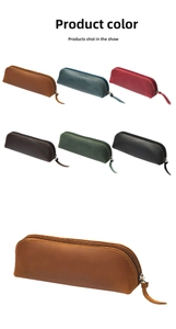 Macro shot of premium crazy horse leather pencil cases showing zippers and textures