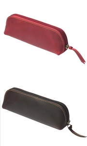 Detailed view of burgundy and dark brown crazy horse leather pencil cases with zipper