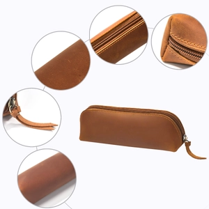Retro crazy horse leather pencil case with handmade stitching and smooth metal zipper