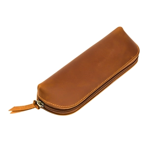 Handmade crazy horse leather pencil case with vintage zipper closure in caramel brown