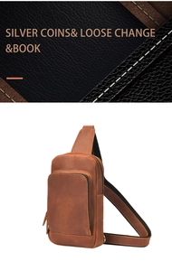 Macro detail of stitching and texture on vintage brown crazy horse leather sling bag