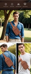 Outdoor view of man wearing vintage brown cowhide leather sling bag with zip pockets