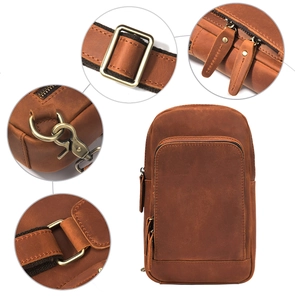 Detailed views of vintage brown leather chest bag showing stitching and bronze buckles