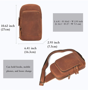 Detailed view of brown leather chest bag dimensions showing height and width specs