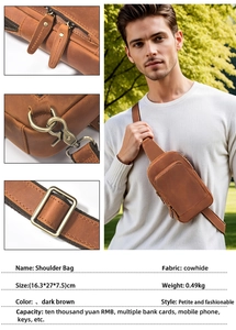 Detailed view of dark brown cowhide shoulder bag with metal zippers and model shot
