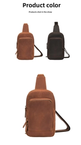 Detail view of vintage crazy horse leather chest bags in brown and dark coffee colors