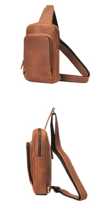 Close-up of vintage brown leather chest bag showing dual zipper pockets and texture