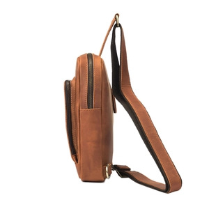 Vintage crazy horse leather crossbody chest bag for men with brown metal zippers