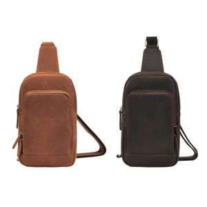 Vintage crazy horse leather men's chest bag in brown and coffee colors with dual zippers