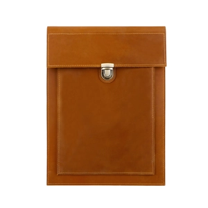 Detailed close-up of premium brown leather laptop sleeve with vintage metal buckle lock