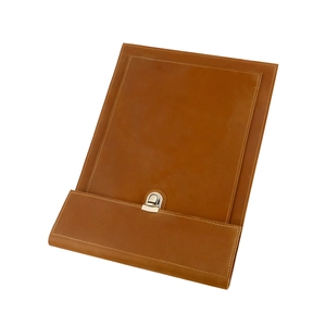 Detailed view of the brown leather laptop sleeve with a silver metal locking buckle