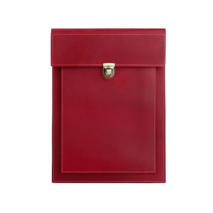 Close-up of red vintage leather laptop sleeve with metal buckle and manual stitching