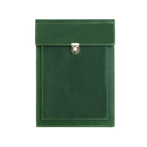 Detail of dark green leather laptop sleeve with yellow stitching and metal buckle