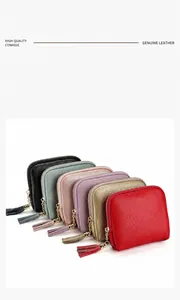 Litchi pattern genuine cowhide leather jewelry pouches with tassels and metal zippers