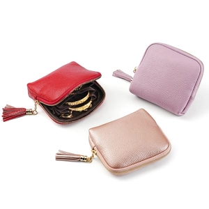 Litchi pattern leather jewelry pouches with golden zipper and stylish tassels in three colors