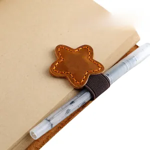 Star-shaped crazy horse leather magnetic bookmark with pen holder and hand-stitched detail