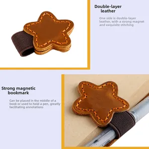 Brown leather star magnetic bookmark with orange stitching and elastic pen holder loop