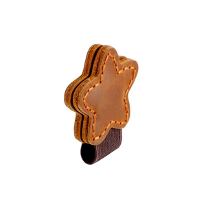 Star-shaped leather pen loop with orange contrast stitching and brown elastic band