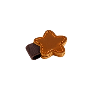 Detail of star-shaped leather bookmark with orange stitching and elastic band
