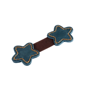 Detail of blue star leather magnets with orange stitching and brown elastic band