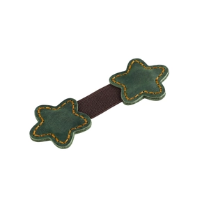 Detailed shot of star-shaped green leather bookmarks with elastic bands and orange stitching