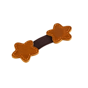 Detail of crazy horse leather star bookmarks with rustic orange stitching and magnetic clasp