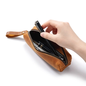 Vintage Crazy Horse Genuine Leather Pencil Case Retro Handmade Cowhide Pen Bag With Metal Zipper For Students Office Stationery