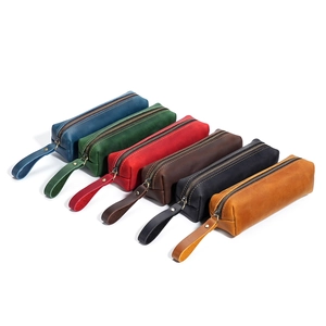 Vintage crazy horse leather pencil cases in six colors with metal zipper and puller