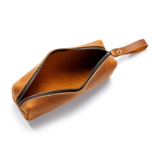 Vintage crazy horse leather pen case with zipper and wrist strap in rustic brown finish